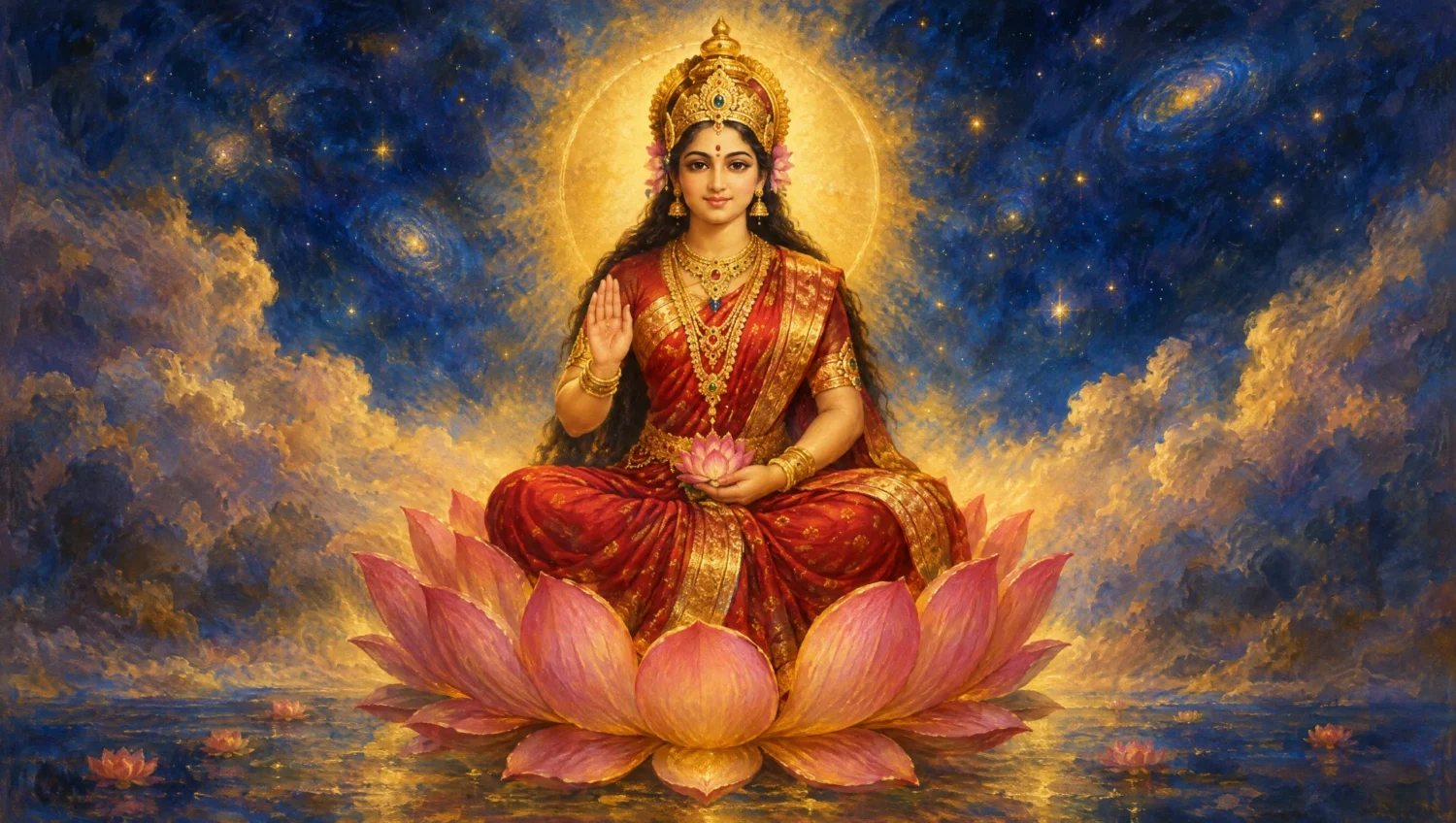 Devotional oil painting of Devi, the Divine Mother, seated on a lotus with a golden halo and cosmic light