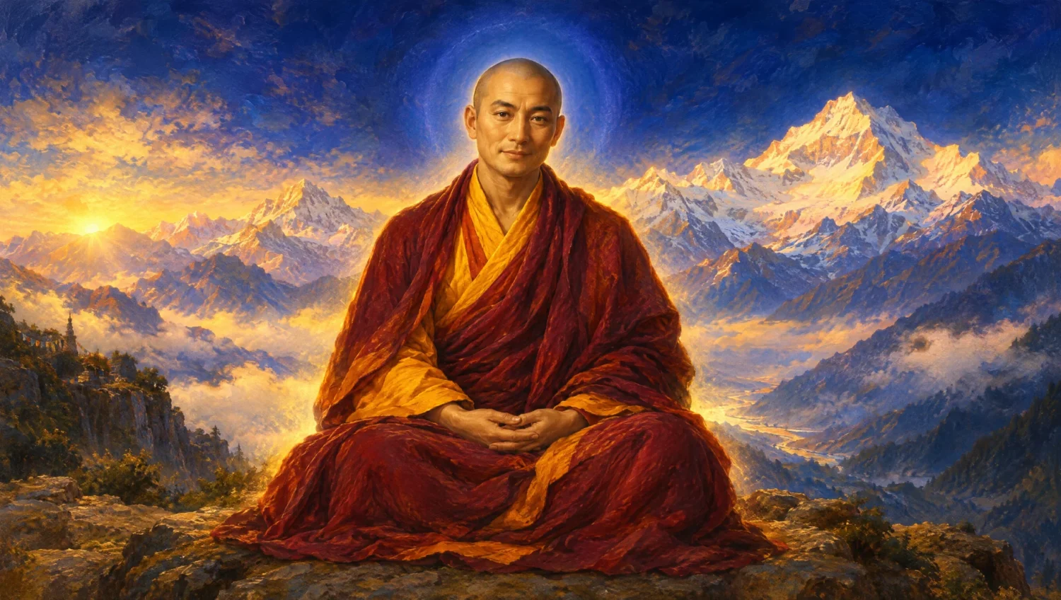 Devotional oil painting of Djwal Khul, the Tibetan, in monastic robes before the Himalayas