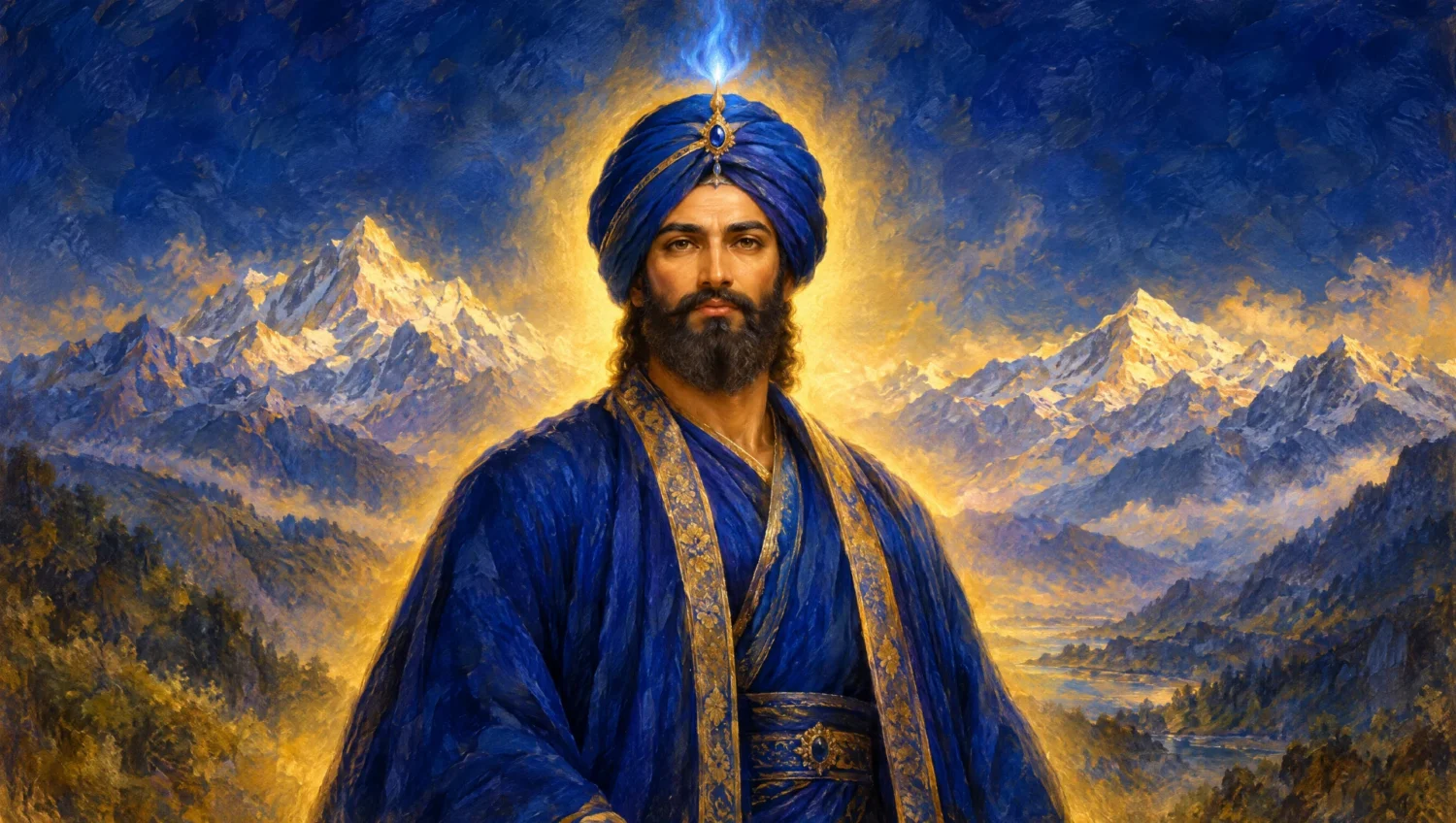 Devotional oil painting of El Morya in a blue Rajput turban and sapphire robe before the Himalayas