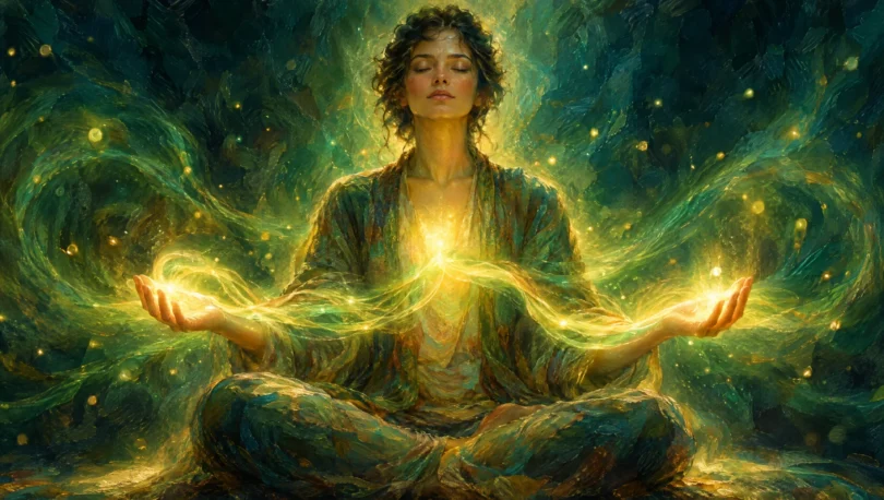 A meditating person with golden-green healing light flowing between their open hands