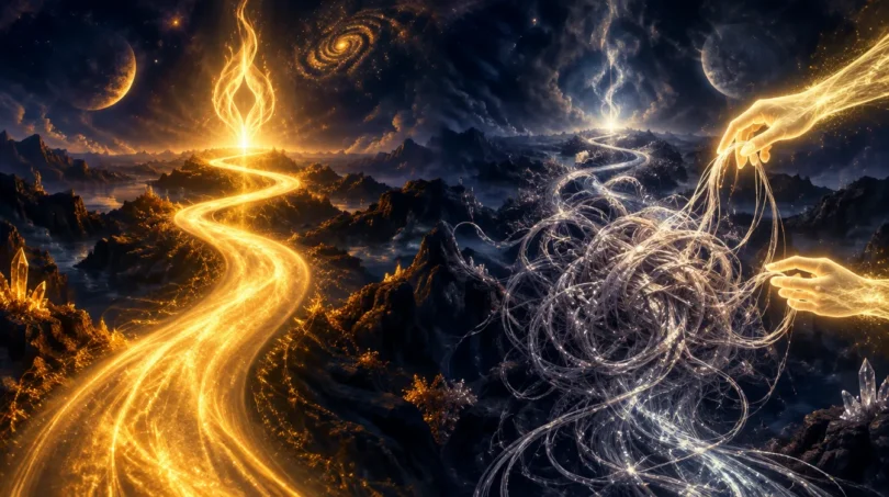 Two paths of light on a dark cosmic landscape, one a clear golden flame and the other a tangled knot of silver threads being untied by glowing hands of light, symbolizing a false twin flame and a karmic partner