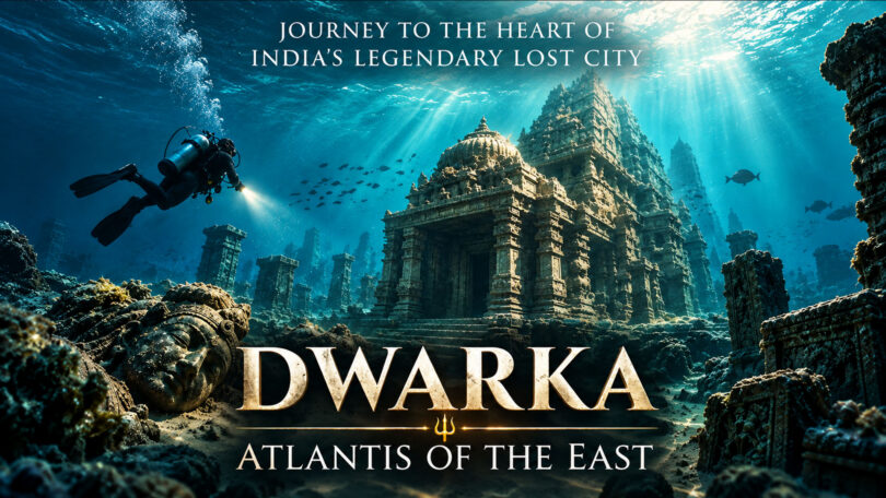 Dwarka: Atlantis of the East film key art: a scuba diver exploring a sunken ancient temple city underwater