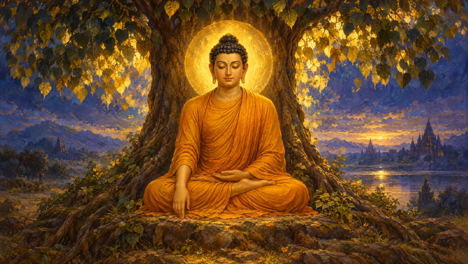 Devotional oil painting of Gautama Buddha seated in meditation beneath the bodhi tree with a golden halo