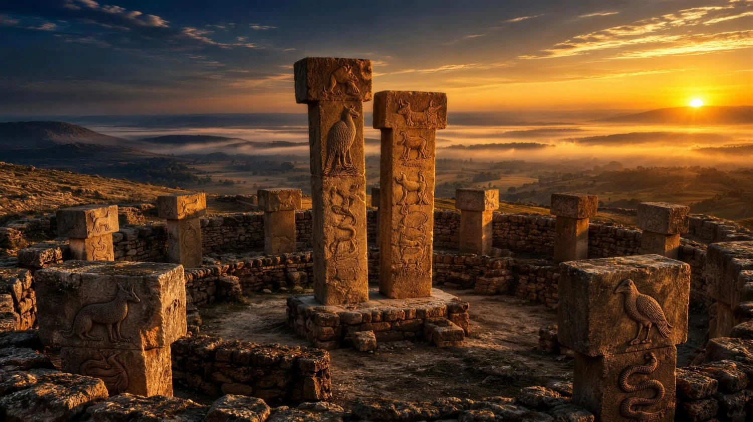 Ancient circular stone enclosure with carved T-shaped pillars at Gobekli Tepe in southeastern Turkey, lit by golden sunrise over the Harran plain
