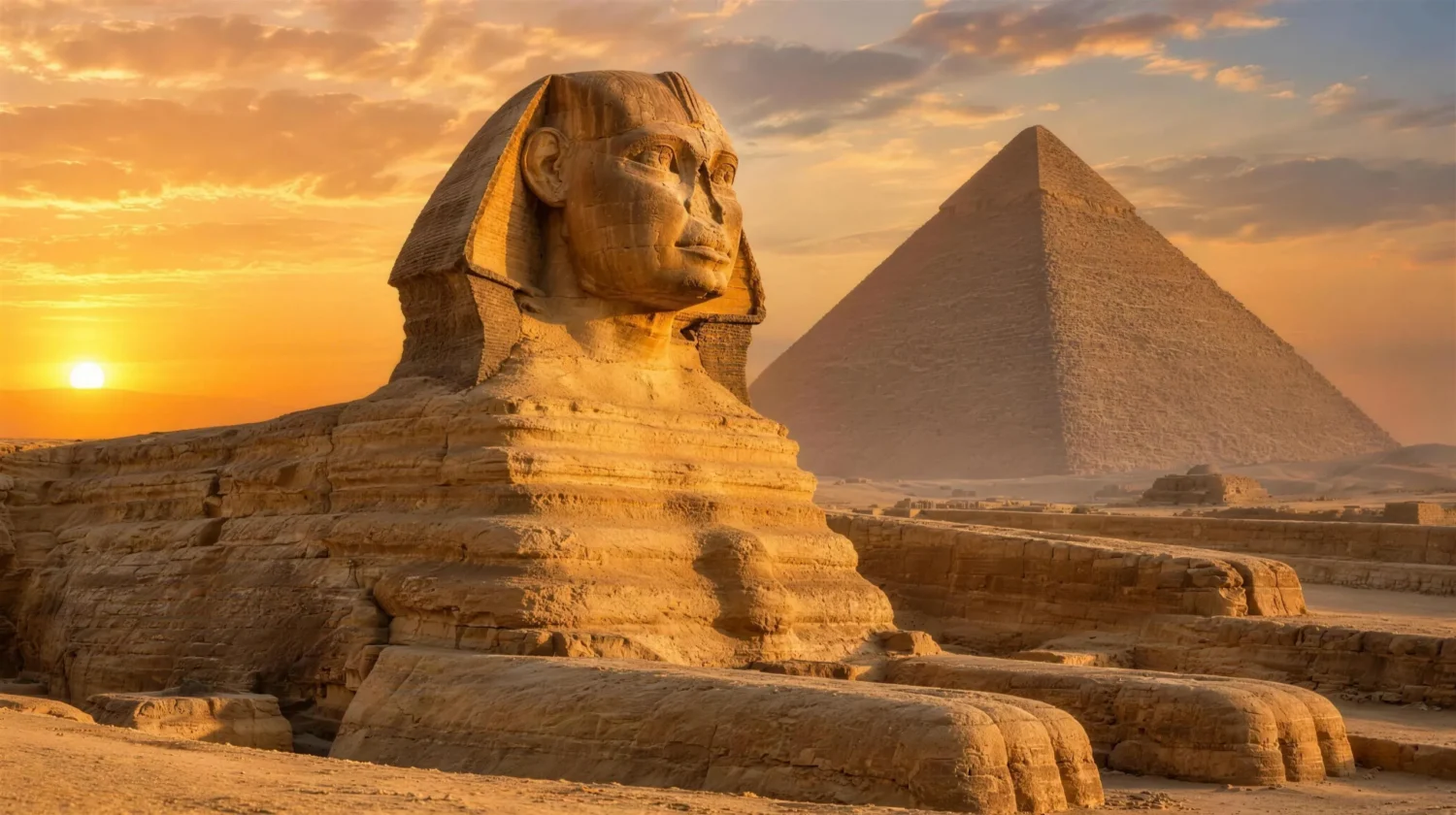 The Great Sphinx of Giza at golden sunrise with the Great Pyramid rising behind it on the Giza plateau