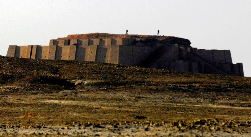 The Great Ziggurat of Ur in southern Iraq, a massive stepped mud-brick temple platform rising above the desert