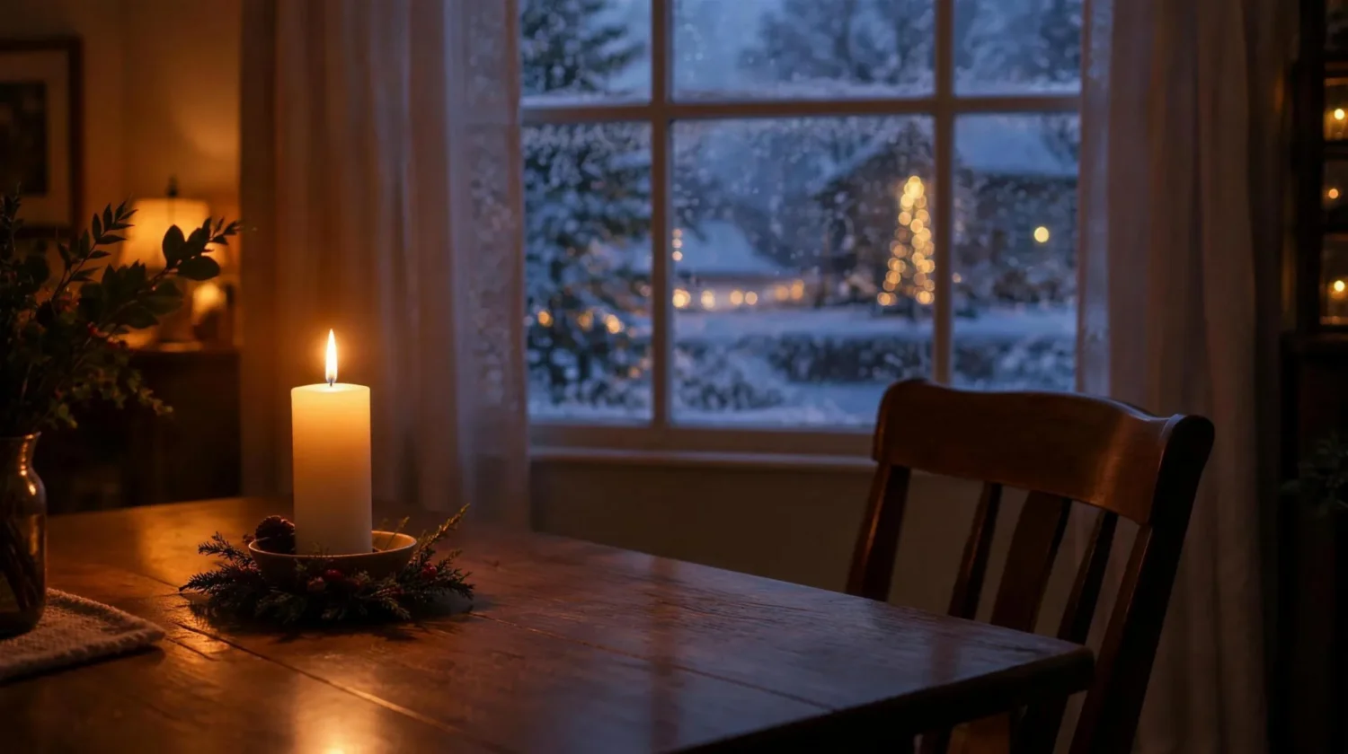 A lit candle on a dining table beside an empty chair, with snow falling outside a window at dusk