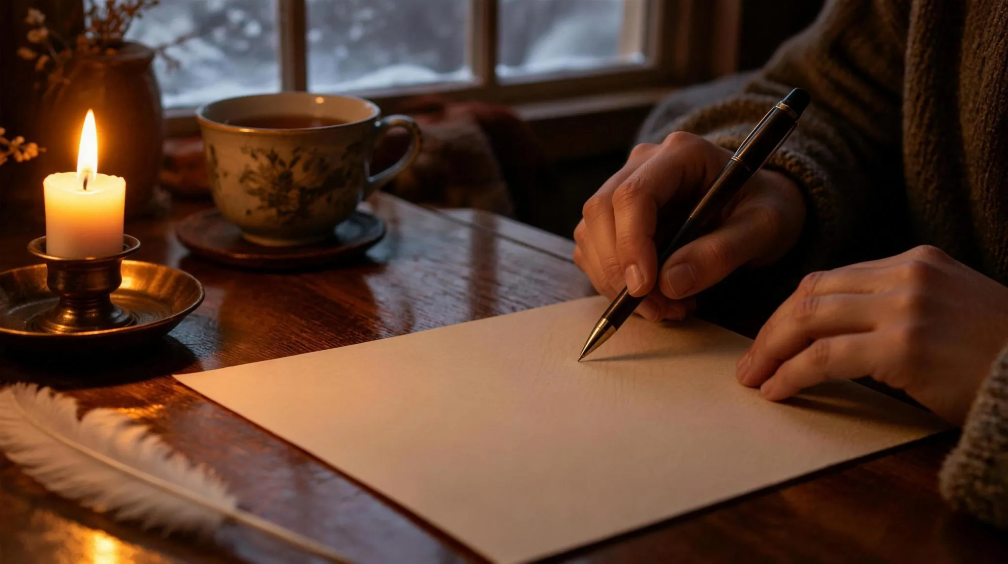 Hands holding a pen over a blank sheet of paper by candlelight, with a cup of tea and a white feather