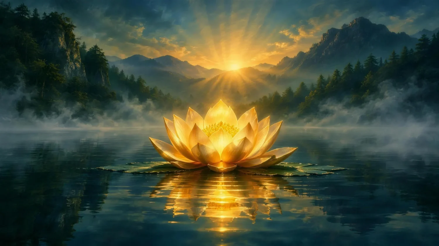 Painted scene of a glowing golden lotus on calm water at dawn, in deep navy, teal, and green tones with gold light