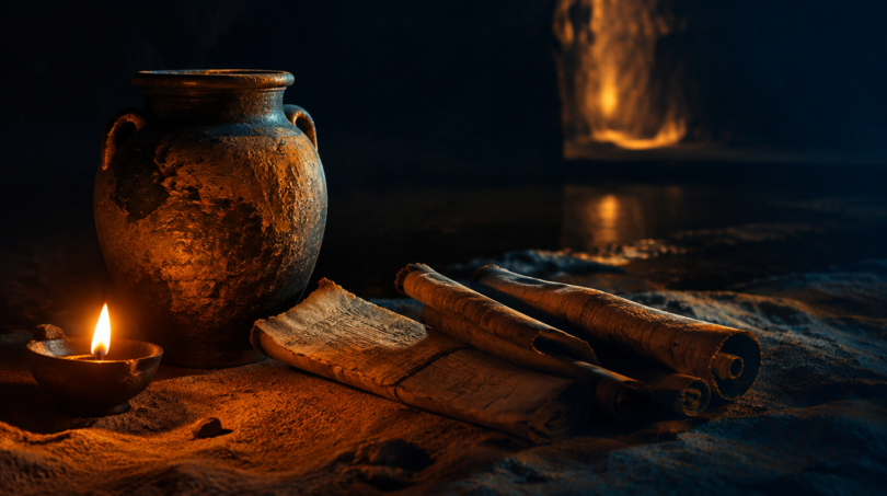 Ancient clay jar beside weathered papyrus scrolls in warm candlelight