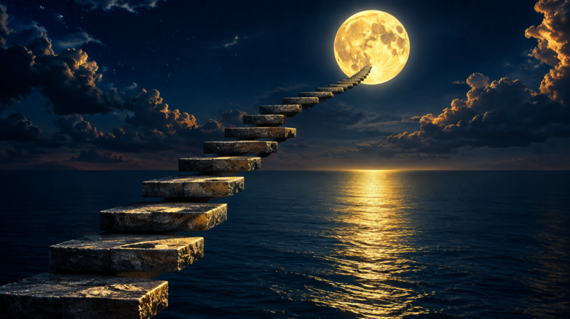 Floating stone staircase over a night ocean rising toward a glowing moon