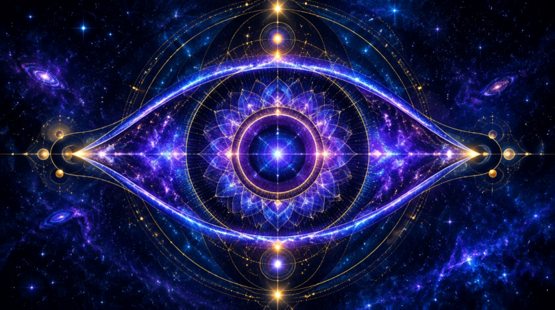 Glowing indigo eye-shaped mandala of light in a starry sky