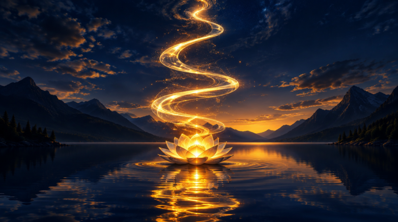 Golden spiral of light rising from a still lake with a glowing lotus