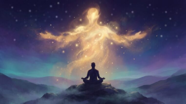 A meditating silhouette on a night hilltop beneath a larger radiant golden figure of light, representing the higher self