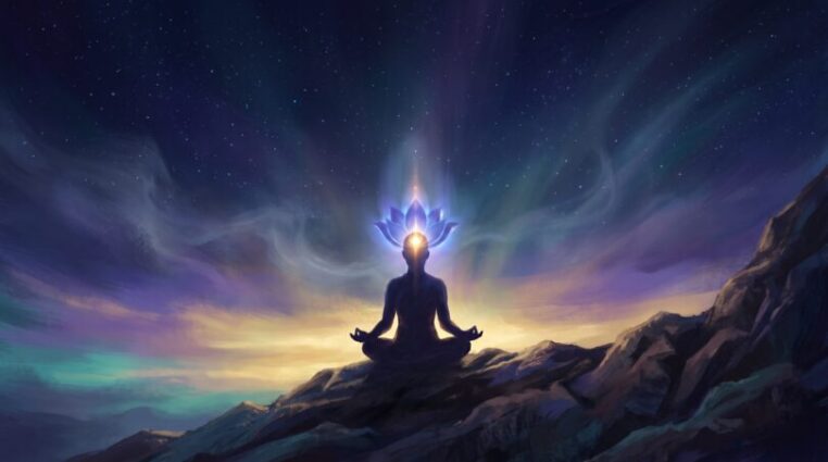 A silhouetted meditator on a mountain ridge at twilight with a glowing indigo and gold light at the brow rising into a starry sky, symbolizing the third eye