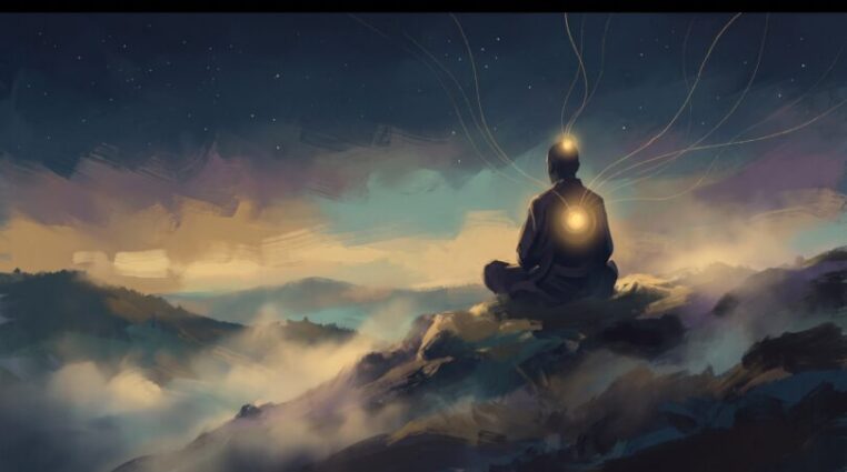 Silhouette of a person meditating on a hilltop at twilight with a golden light glowing at the heart and forehead under a starry navy sky