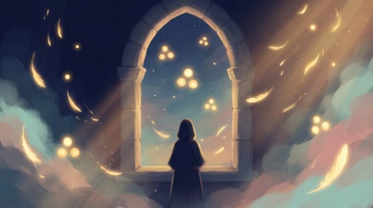 A silhouetted figure at an arched window at twilight, watching groups of three golden lights and feathers drift through a deep navy sky