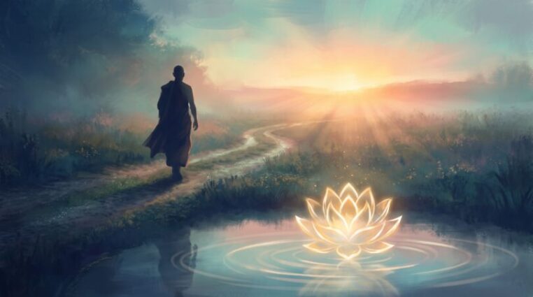 A lone figure walking a misty meadow path at dawn toward a golden horizon, a glowing lotus of light above still water