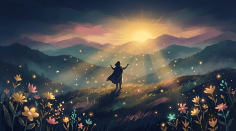 A lone figure on a misty hilltop at dawn with open hands lifted toward golden sunrise light, glowing particles rising around them