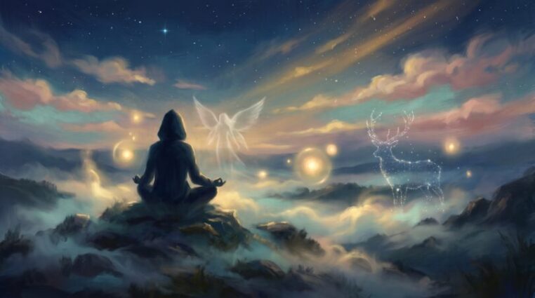 A meditating figure on a twilight hilltop surrounded by soft glowing spirit guides in navy and gold light
