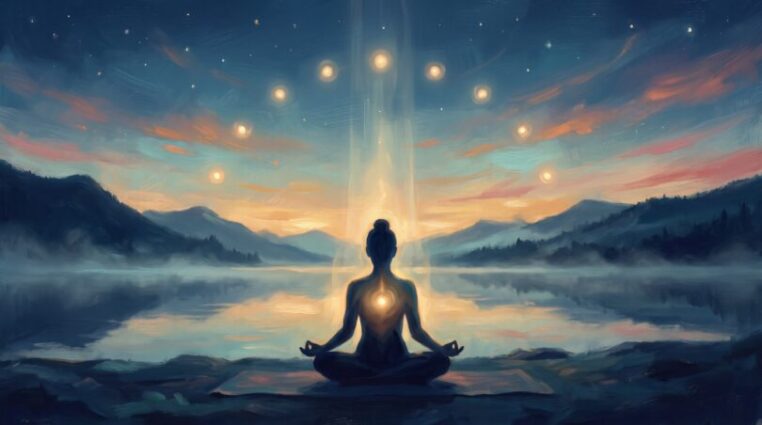 Silhouetted figure meditating in lotus pose beside a mountain lake at dawn, with golden light rising from the heart toward the sky