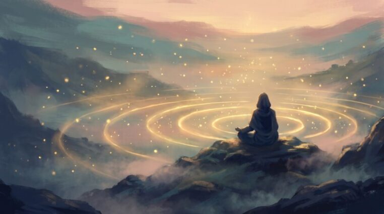 Peaceful figure seated on a hilltop at dawn with rings of golden light rippling outward across a misty valley