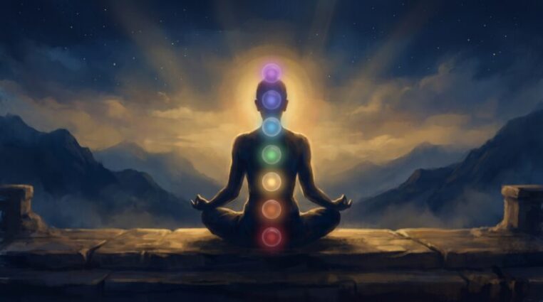 A silhouetted figure meditating at twilight with seven softly glowing chakra lights rising along the spine beneath a navy starry sky