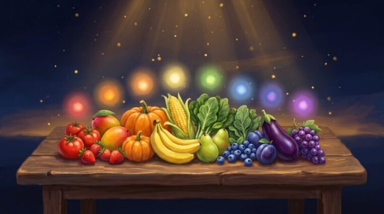 A table of colorful whole foods in the seven chakra colors, with glowing orbs of light rising above them against a deep navy and gold background