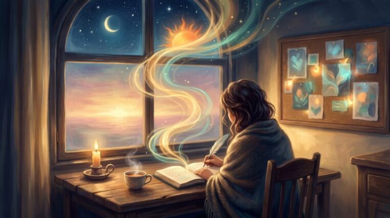 A woman writing in a journal at a desk by a dawn window, with ribbons of golden light rising toward a starry sky