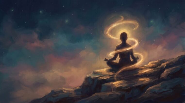 Silhouetted figure meditating on a ridge at dusk as a ribbon of golden light rises along the spine into a glowing crown of light