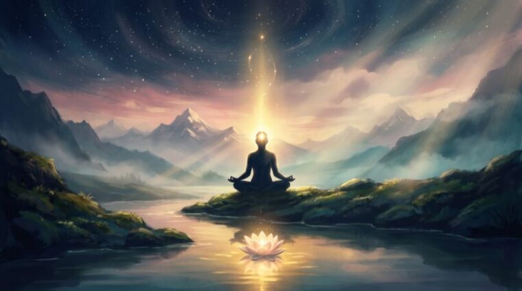 A silhouetted meditator seated at a riverbank at dawn with golden light rising from the brow toward a starry navy sky, a glowing lotus on the water below