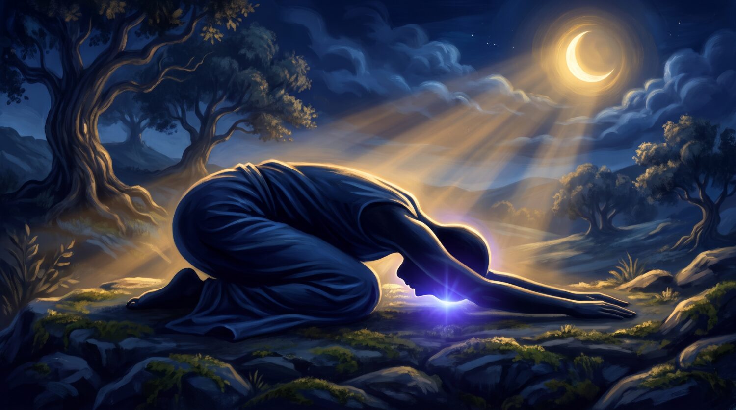 Illustration of a silhouetted figure folded forward in Child's Pose with an indigo glow at the forehead