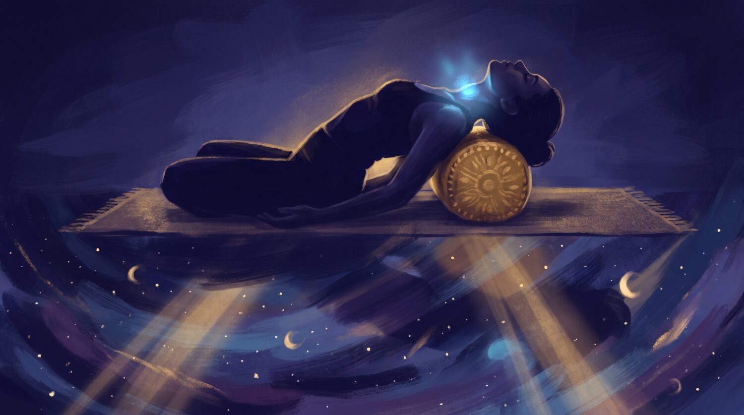 Illustration of a silhouetted figure in Supported Fish Pose over a bolster with a blue glow at the throat