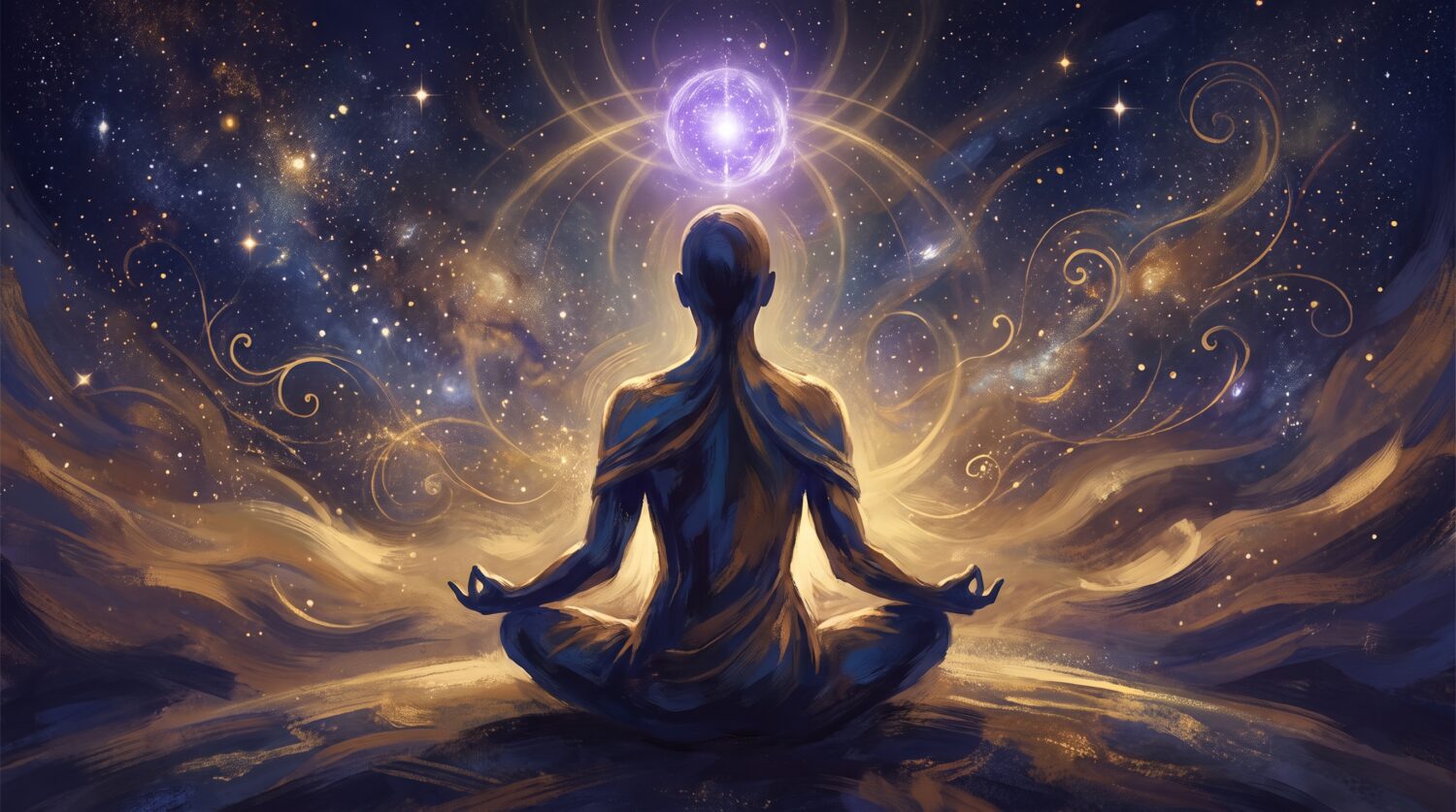 Illustration of a silhouetted figure sitting cross-legged in Easy Seat with a violet light above the crown