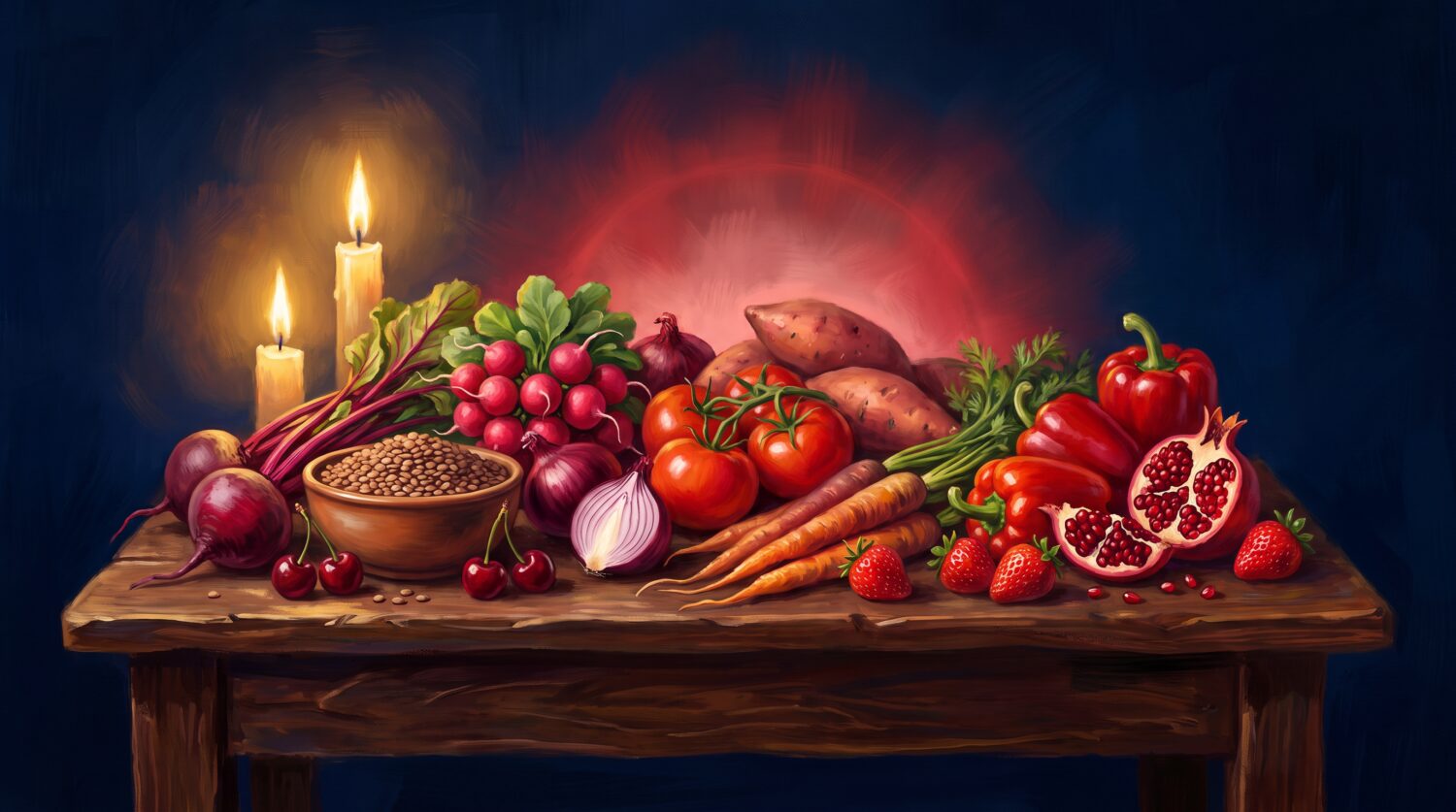 Root chakra foods: beets, carrots, tomatoes, red peppers, strawberries, pomegranate and lentils on a wooden table
