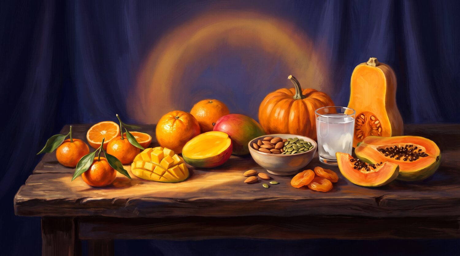 Sacral chakra foods: oranges, mango, papaya, pumpkin, squash, almonds and coconut water on a wooden table