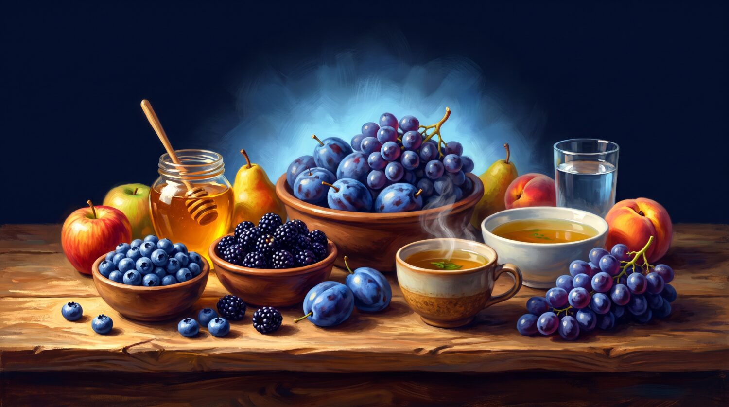 Throat chakra foods: blueberries, blue plums, grapes, apples, honey, herbal tea and clear broth on a wooden table