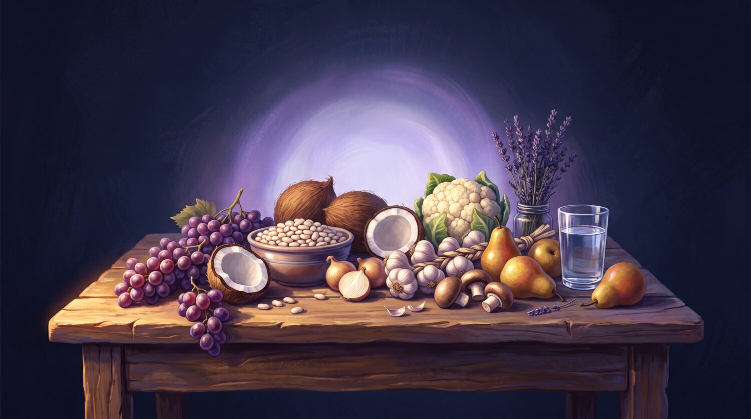 Crown chakra foods: cauliflower, garlic, mushrooms, coconut, pears, white beans, purple grapes and lavender on a wooden table