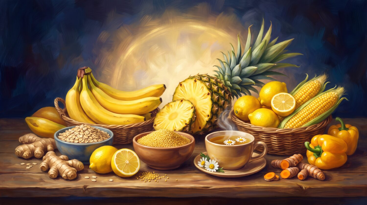 Solar plexus chakra foods: bananas, pineapple, lemons, corn, oats, ginger, turmeric and chamomile tea on a wooden table