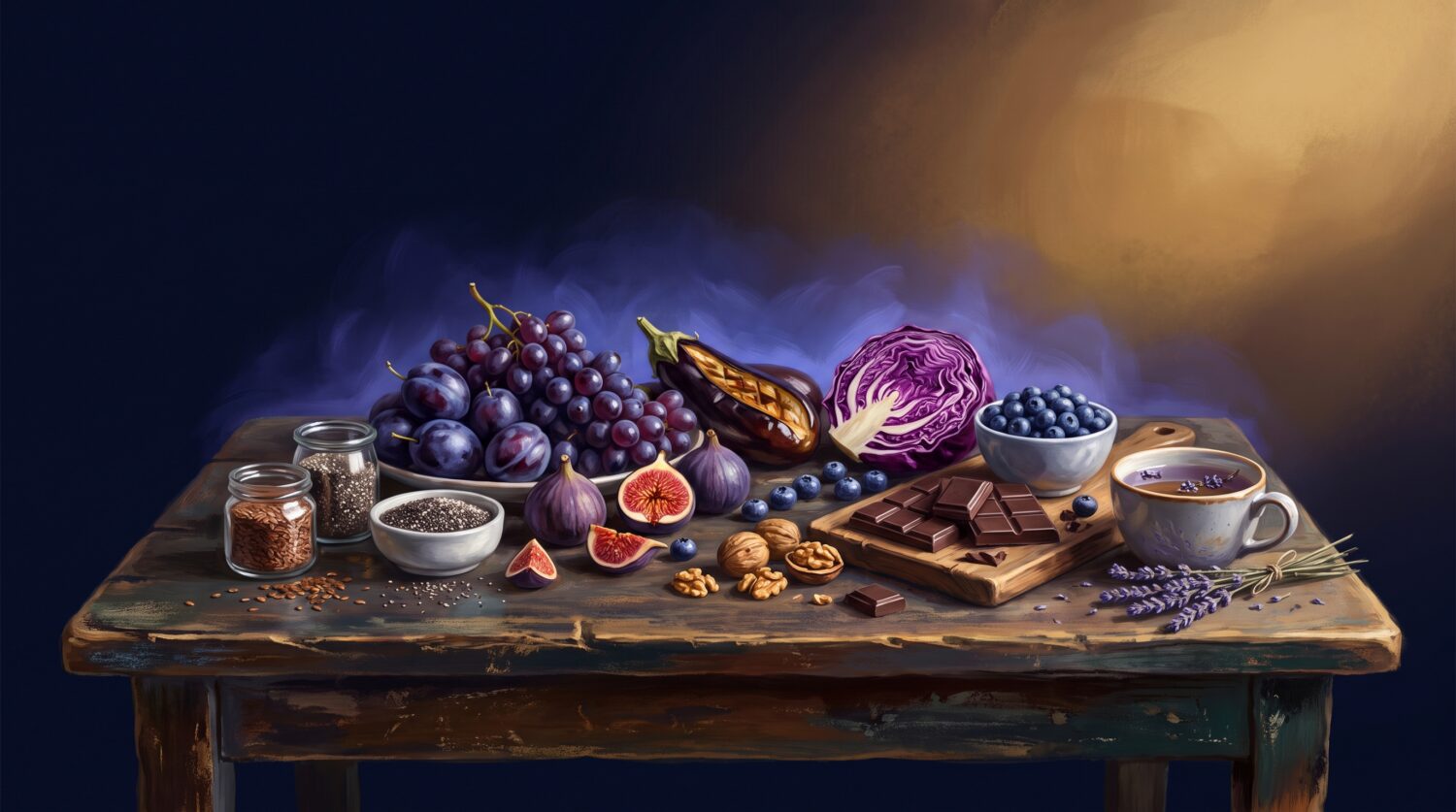 Third eye chakra foods: purple grapes, plums, figs, eggplant, purple cabbage, walnuts, dark chocolate and lavender tea on a wooden table