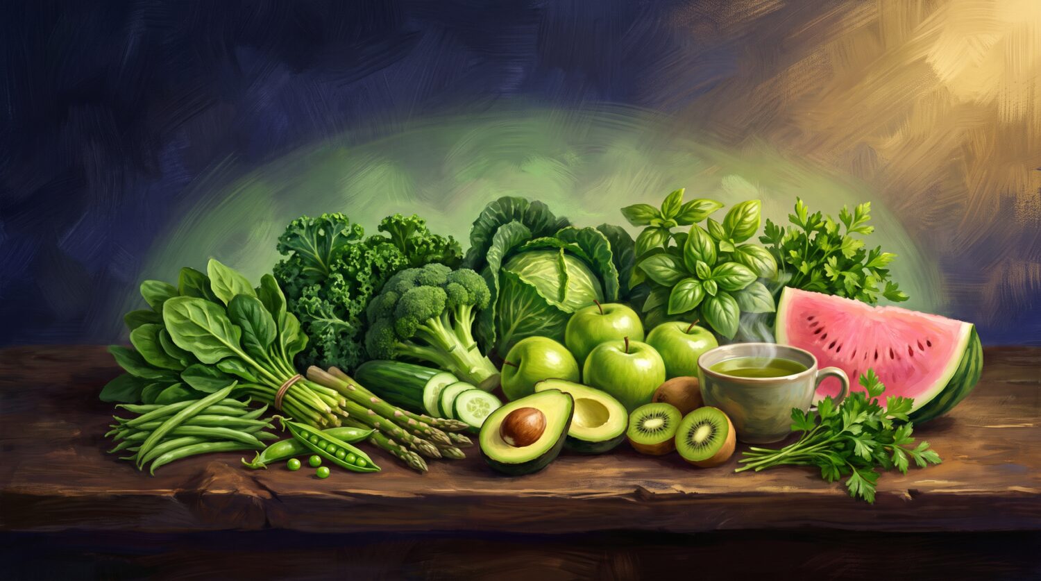 Heart chakra foods: leafy greens, asparagus, avocado, green apples, kiwi, herbs, green tea and watermelon on a wooden table