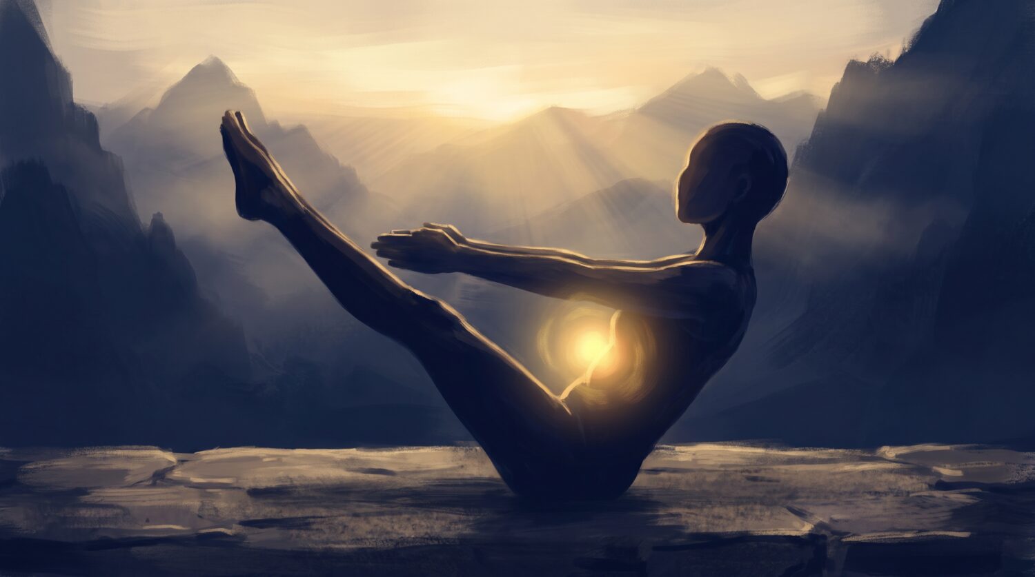 Illustration of a silhouetted figure in Boat Pose, legs lifted in a V with a yellow glow at the solar plexus