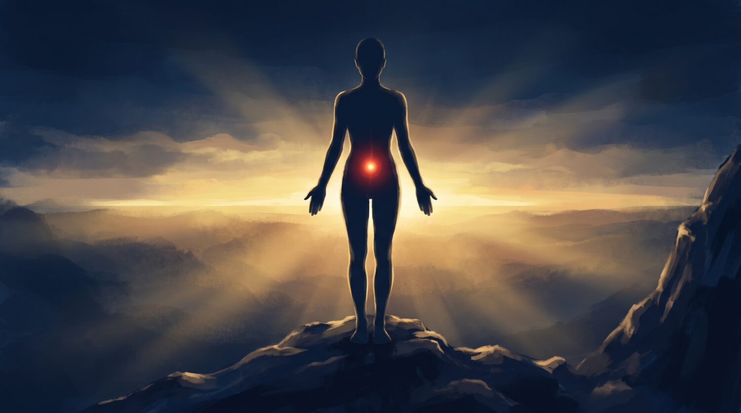 Illustration of a silhouetted figure standing tall in Mountain Pose with a red glow at the base of the spine