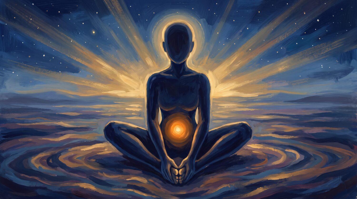 Illustration of a silhouetted figure seated in Bound Angle Pose with feet together, knees open and an orange glow at the lower belly