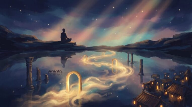 A figure meditating beside a still pool at twilight, with a path of golden doorways and mist reflected in the water