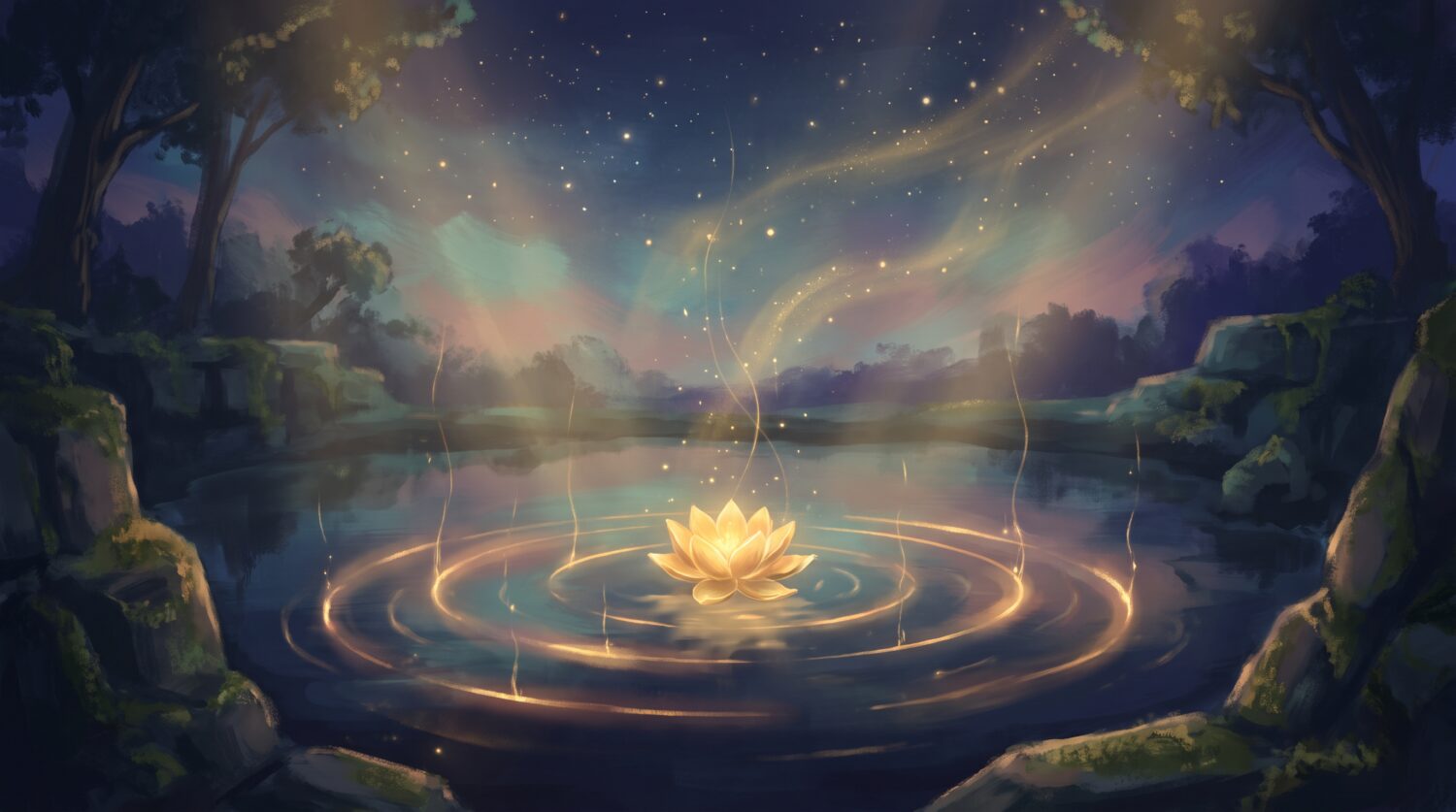 A golden lotus floating on a still twilight pond with rings of golden light rippling outward under a starry sky