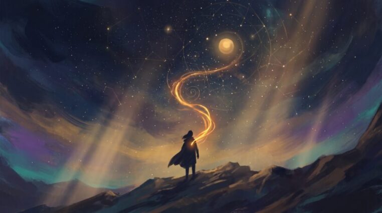 A lone traveler on a mountain ridge at twilight with a golden thread of light rising from their chest into a starry sky, symbolizing soul purpose