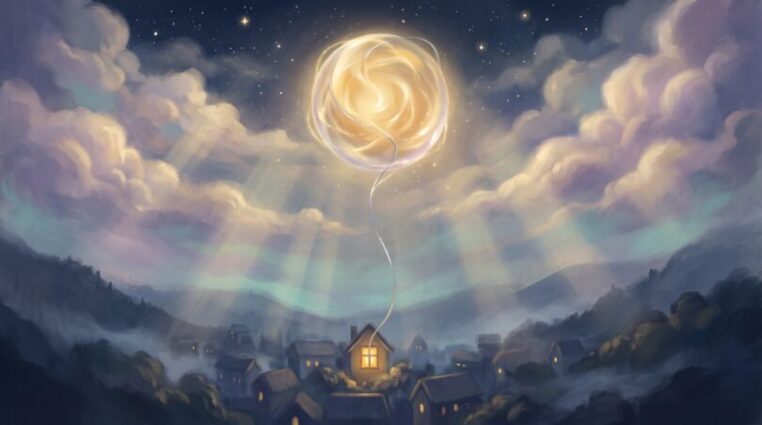 A glowing golden orb of light descending from a starry navy sky toward a quiet village home, joined by a thin silver thread of light