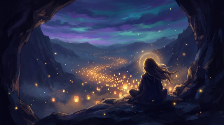 A robed yogi seated at a Himalayan cave entrance at twilight, looking over a valley of glowing golden lanterns