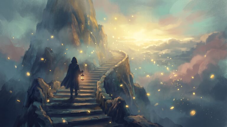 A lone traveler with a lantern climbs a winding stone staircase up a misty mountain toward a golden sunrise, with glowing golden lights drifting through the air